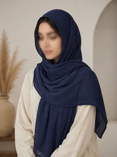شال زنانه نخی پارچه وارداتی مدل پلیسه حاشیه دار (رنگ سرمه ای)