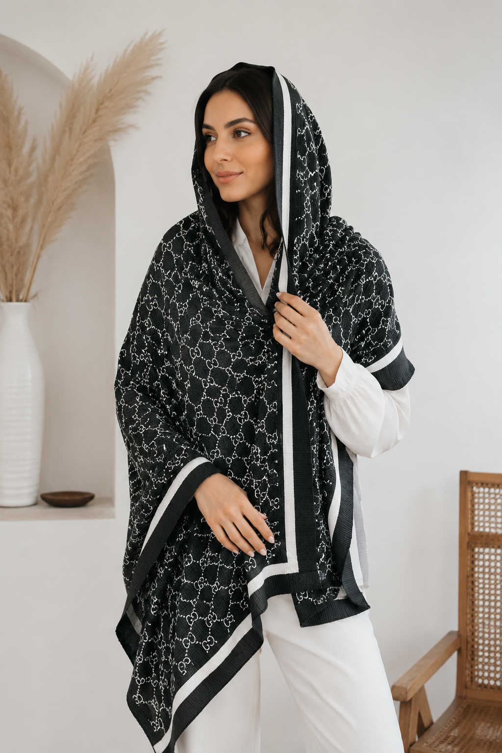 شال نخی سفید مشکی