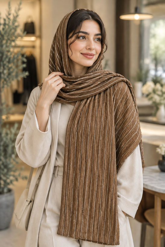 شال زنانه نخی پلیسه ریز مدل خط دار